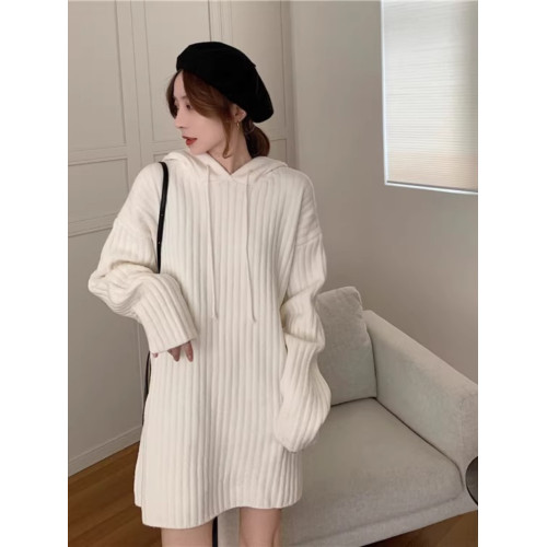 中長款連帽毛衣裙女秋冬新款慵懶風寬松設計感顯瘦針織打底衫加厚 中長款連帽毛衣裙女秋冬新款慵懶風寬松設計感顯瘦針織打底衫加厚