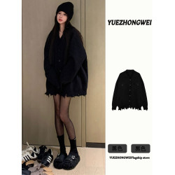 黑色軟糯V領毛衣開衫女2025秋冬新款慵懶風中長款超好看針織外套