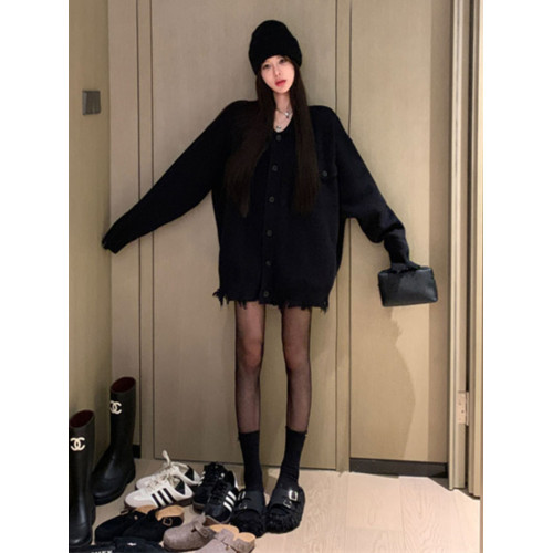 黑色軟糯V領毛衣開衫女2025秋冬新款慵懶風中長款超好看針織外套