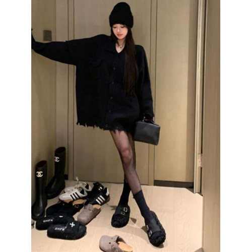 黑色軟糯V領毛衣開衫女2025秋冬新款慵懶風中長款超好看針織外套