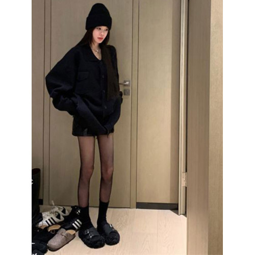 黑色軟糯V領毛衣開衫女2025秋冬新款慵懶風中長款超好看針織外套