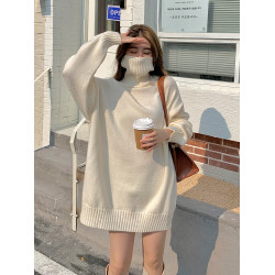 中長款高領毛衣連衣裙女白色秋冬寬松慵懶軟糯打底針織衫內搭加厚