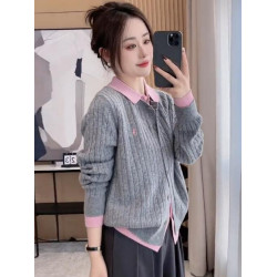 歐貨翻領拼接針織毛衣女春秋2024新款寬松軟糯假兩件長袖開衫上衣