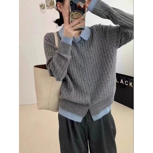 歐貨翻領拼接針織毛衣女春秋2024新款寬松軟糯假兩件長袖開衫上衣 歐貨翻領拼接針織毛衣女春秋2024新款寬松軟糯假兩件長袖開衫上衣