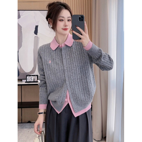 歐貨翻領拼接針織毛衣女春秋2024新款寬松軟糯假兩件長袖開衫上衣 歐貨翻領拼接針織毛衣女春秋2024新款寬松軟糯假兩件長袖開衫上衣