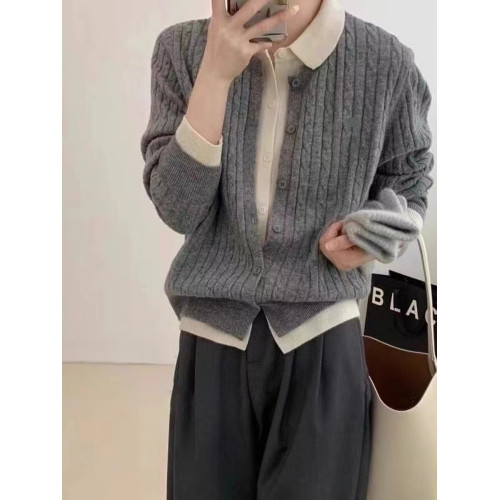 歐貨翻領拼接針織毛衣女春秋2024新款寬松軟糯假兩件長袖開衫上衣 歐貨翻領拼接針織毛衣女春秋2024新款寬松軟糯假兩件長袖開衫上衣