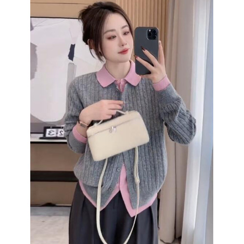 歐貨翻領拼接針織毛衣女春秋2024新款寬松軟糯假兩件長袖開衫上衣 歐貨翻領拼接針織毛衣女春秋2024新款寬松軟糯假兩件長袖開衫上衣