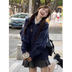 學院風寬松藍色麻花毛衣女秋冬季2025新款韓系慵懶高級感針織上衣