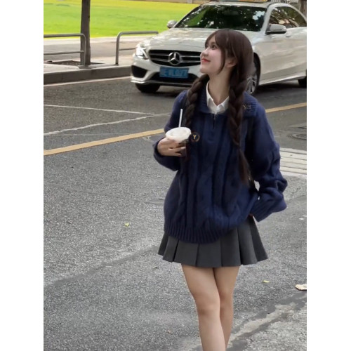 學院風寬松藍色麻花毛衣女秋冬季2025新款韓系慵懶高級感針織上衣 學院風寬松藍色麻花毛衣女秋冬季2025新款韓系慵懶高級感針織上衣