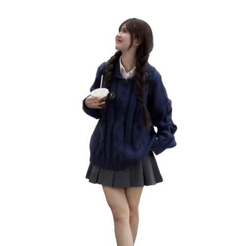 學院風寬松藍色麻花毛衣女秋冬季2025新款韓系慵懶高級感針織上衣 學院風寬松藍色麻花毛衣女秋冬季2025新款韓系慵懶高級感針織上衣