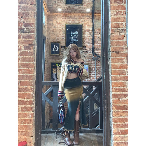 美式V領斜肩毛衣女秋冬寬松慵懶學院風復古字母印花長袖針織上衣