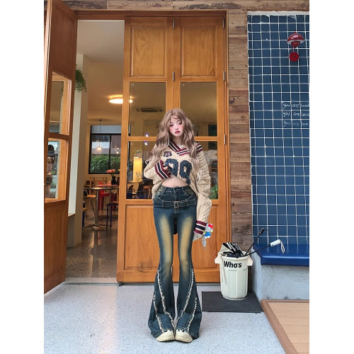 美式V領斜肩毛衣女秋冬寬松慵懶學院風復古字母印花長袖針織上衣