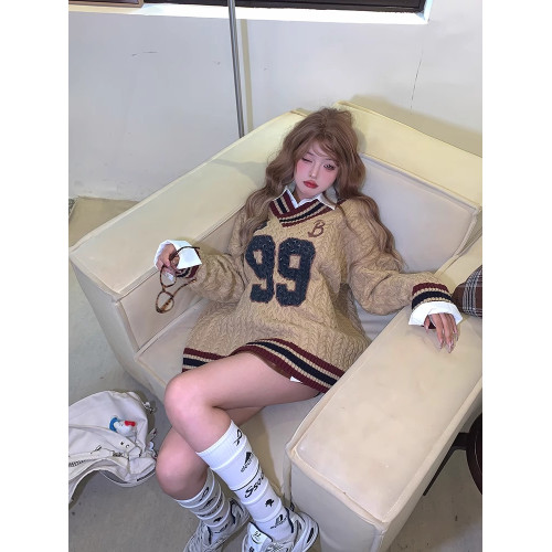 美式V領斜肩毛衣女秋冬寬松慵懶學院風復古字母印花長袖針織上衣