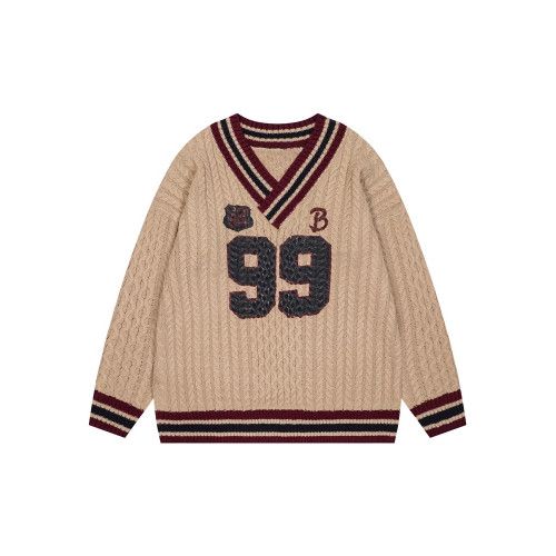 美式V領斜肩毛衣女秋冬寬松慵懶學院風復古字母印花長袖針織上衣