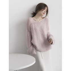 法式氣質溫柔軟糯馬海毛毛衣女秋冬加厚寬松慵懶風鏤空針織衫上衣