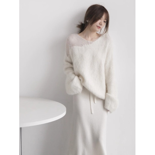 法式氣質溫柔軟糯馬海毛毛衣女秋冬加厚寬松慵懶風鏤空針織衫上衣 法式氣質溫柔軟糯馬海毛毛衣女秋冬加厚寬松慵懶風鏤空針織衫上衣