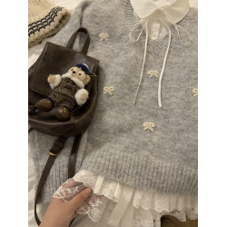 秋季軟糯提花蝴蝶結v領灰色毛衣女日系甜美寬松慵懶針織衫上衣冬