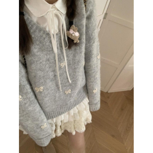 秋季軟糯提花蝴蝶結v領灰色毛衣女日系甜美寬松慵懶針織衫上衣冬