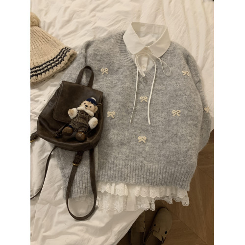 秋季軟糯提花蝴蝶結v領灰色毛衣女日系甜美寬松慵懶針織衫上衣冬