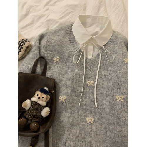 秋季軟糯提花蝴蝶結v領灰色毛衣女日系甜美寬松慵懶針織衫上衣冬