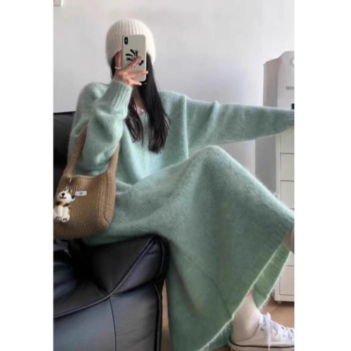 慵懶風寬松長款毛衣裙女秋冬2024新款法式針織打底連衣裙過膝加厚