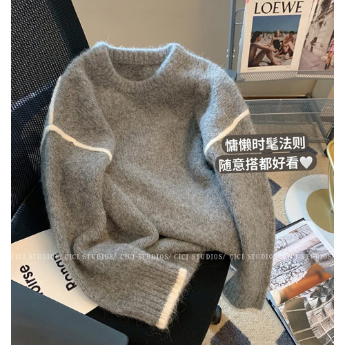 韓系復古灰色毛衣女秋冬2023新款小衆軟糯慵懶風寬松針織打底上衣