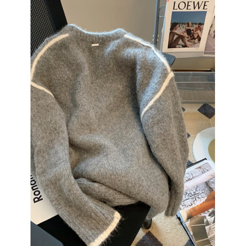 韓系復古灰色毛衣女秋冬2023新款小衆軟糯慵懶風寬松針織打底上衣