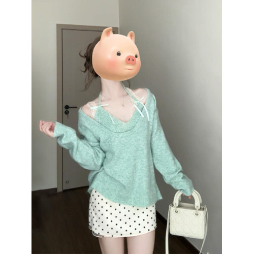 綠色掛脖毛衣女兩件套2024秋季新款法式針織衫穿搭設計感上衣套裝