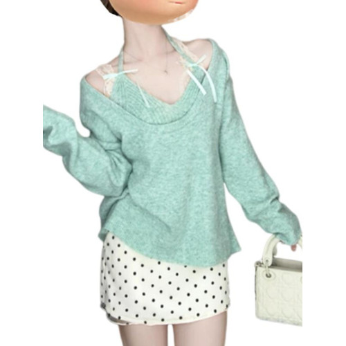 綠色掛脖毛衣女兩件套2024秋季新款法式針織衫穿搭設計感上衣套裝