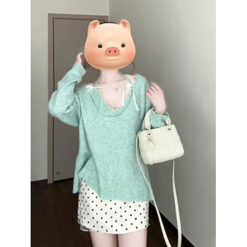 綠色掛脖毛衣女兩件套2024秋季新款法式針織衫穿搭設計感上衣套裝