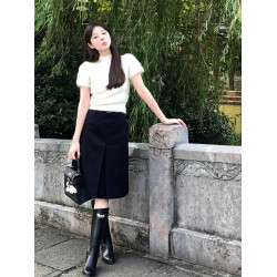 白色毛衣女內搭溫柔風泡泡袖羊駝毛絨絨半高領針織氣質短袖上衣女