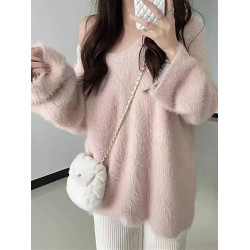 白色水貂絨毛衣女2024秋冬中長款軟糯溫柔V領寬松慵懶風針織上衣