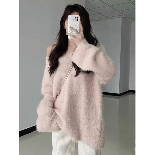 白色水貂絨毛衣女2024秋冬中長款軟糯溫柔V領寬松慵懶風針織上衣