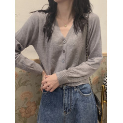 針織衫女v領開衫外套短款2025春秋新款內搭打底毛衣灰色外搭上衣