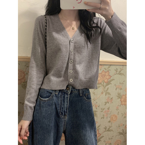 針織衫女v領開衫外套短款2025春秋新款內搭打底毛衣灰色外搭上衣 針織衫女v領開衫外套短款2025春秋新款內搭打底毛衣灰色外搭上衣