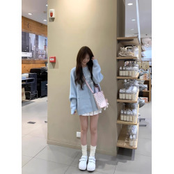 奶fufu藍色甜妹慵懶風圓領毛衣女長袖套頭針織衫2025秋季軟糯上衣