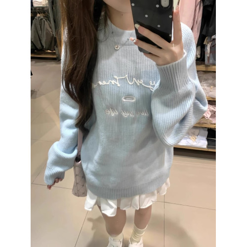 奶fufu藍色甜妹慵懶風圓領毛衣女長袖套頭針織衫2025秋季軟糯上衣 奶fufu藍色甜妹慵懶風圓領毛衣女長袖套頭針織衫2025秋季軟糯上衣