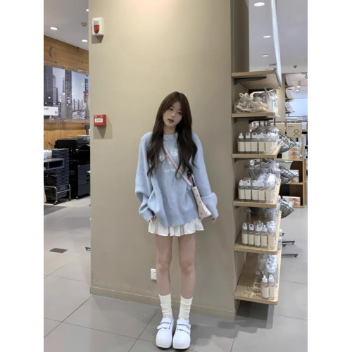 奶fufu藍色甜妹慵懶風圓領毛衣女長袖套頭針織衫2025秋季軟糯上衣 奶fufu藍色甜妹慵懶風圓領毛衣女長袖套頭針織衫2025秋季軟糯上衣