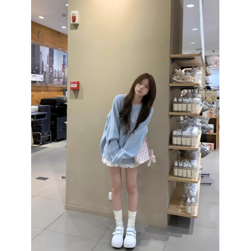 奶fufu藍色甜妹慵懶風圓領毛衣女長袖套頭針織衫2025秋季軟糯上衣 奶fufu藍色甜妹慵懶風圓領毛衣女長袖套頭針織衫2025秋季軟糯上衣