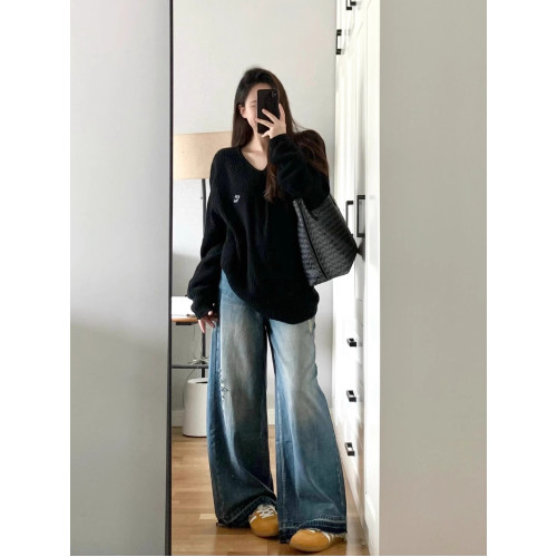 黑色套頭寬松V領刺綉毛衣女秋冬2025新款慵懶加厚針織打底衫上衣 黑色套頭寬松V領刺綉毛衣女秋冬2025新款慵懶加厚針織打底衫上衣