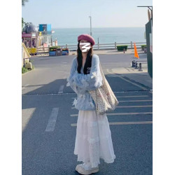 秋裝新款慵懶風高級感露肩奶藍色蝴蝶結套頭毛衣女韓版馬海毛上衣