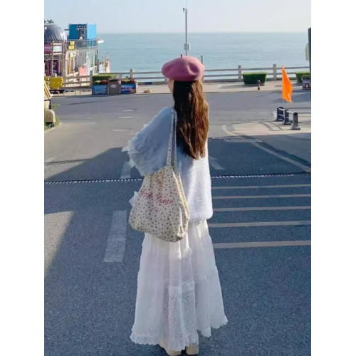 秋裝新款慵懶風高級感露肩奶藍色蝴蝶結套頭毛衣女韓版馬海毛上衣