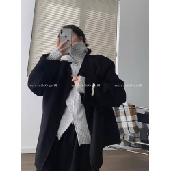 法式灰色短款雙拉鍊高領毛衣外套女春秋寬鬆慵嬾針織開衫內搭上衣