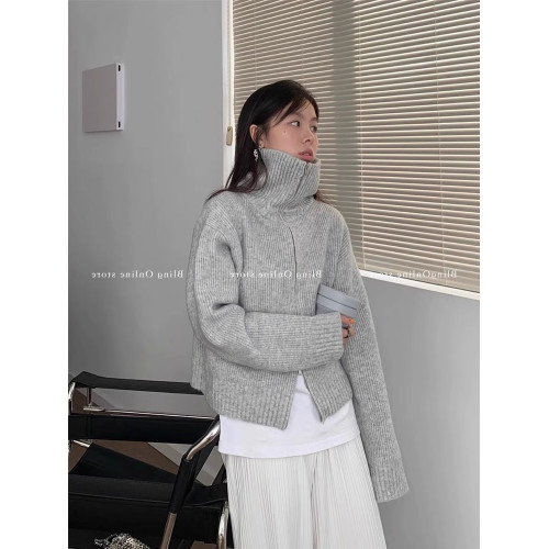 法式灰色短款雙拉鍊高領毛衣外套女春秋寬鬆慵嬾針織開衫內搭上衣