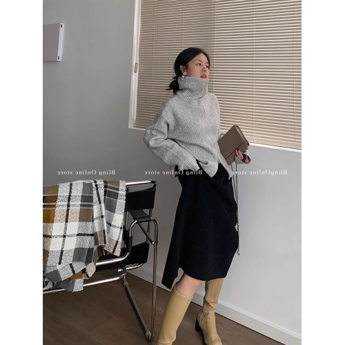 法式灰色短款雙拉鍊高領毛衣外套女春秋寬鬆慵嬾針織開衫內搭上衣