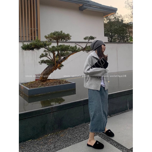 法式灰色短款雙拉鍊高領毛衣外套女春秋寬鬆慵嬾針織開衫內搭上衣