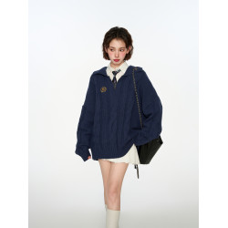 藏青色polo翻領套頭針織毛衣女秋季秋冬季外穿加厚寬松學院風上衣