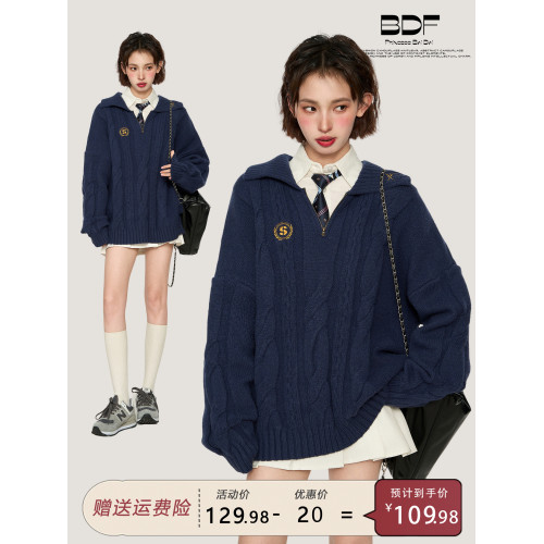 藏青色polo翻領套頭針織毛衣女秋季秋冬季外穿加厚寬松學院風上衣