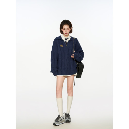 藏青色polo翻領套頭針織毛衣女秋季秋冬季外穿加厚寬松學院風上衣