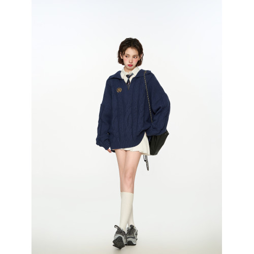 藏青色polo翻領套頭針織毛衣女秋季秋冬季外穿加厚寬松學院風上衣